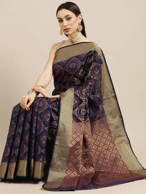 Navy blue plain silk saree with blouse 1