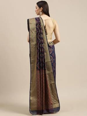 Navy blue plain silk saree with blouse 2