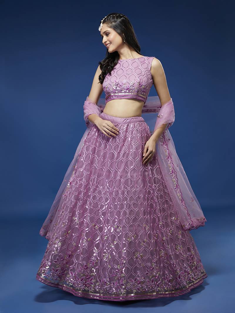 Lavender Net Sequinse Work Semi-Stitched Lehenga & Unstitched Blouse, Dupatta