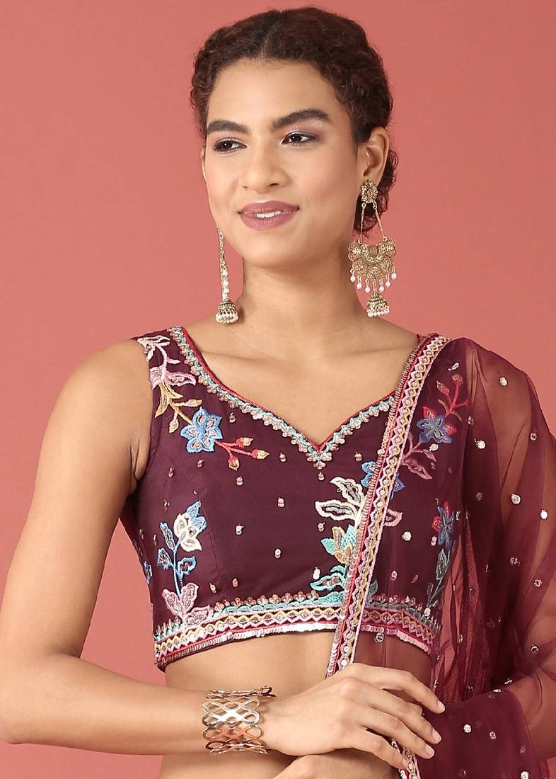 Burgundy  Tissue Silk Fabric Sequins embroidery Semi Stitched Lehenga & Unstitched Blouse With Dupatta