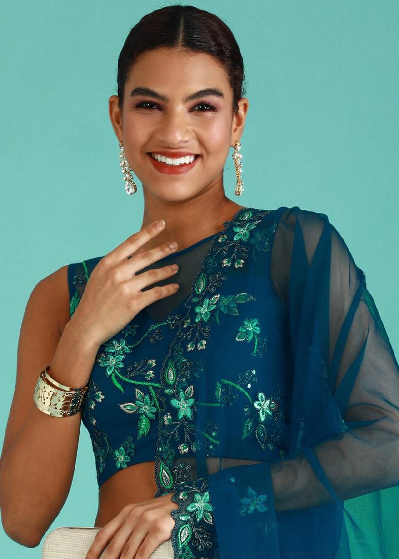 Babyhug Woven Short Sleeves Mirror Work & Sequin  Embroidered Choli & Lehenga Set with Dupatta  - Teal Blue main image 1