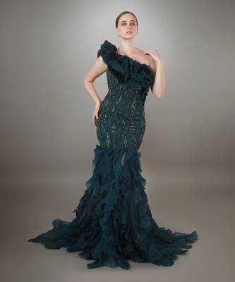 Teal One Shoulder Ruffle Gown 1