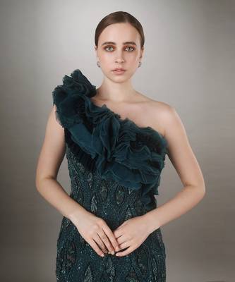 Teal One Shoulder Ruffle Gown 2