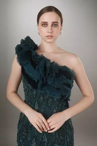Teal One Shoulder Ruffle Gown