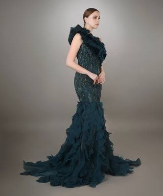 Teal One Shoulder Ruffle Gown 3