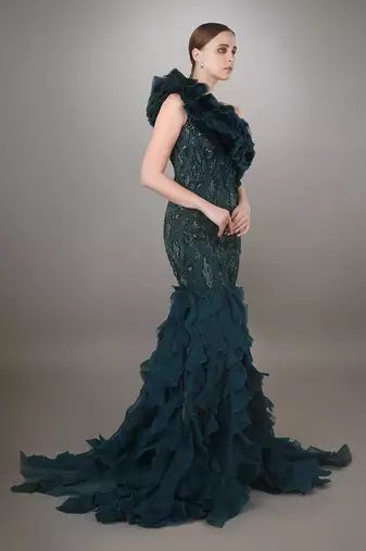 Teal One Shoulder Ruffle Gown