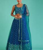 Teal Net Sequinse Work Semi-Stitched Lehenga & Unstitched Blouse, Dupatta