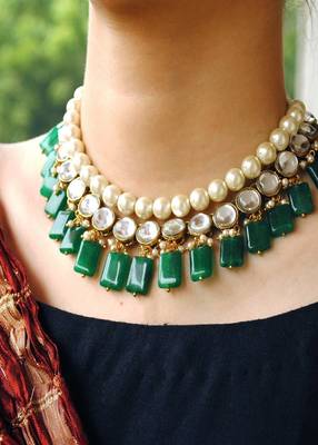 Semi precious Green stone and kundan necklace Set 3