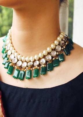 Semi precious Green stone and kundan necklace Set 4