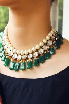 Semi precious Green stone and kundan necklace Set