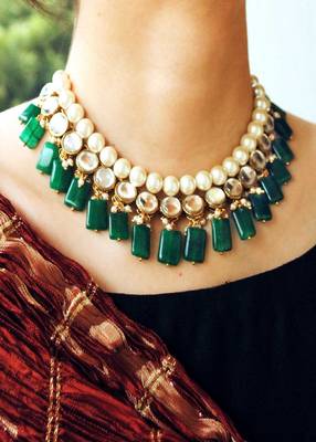 Semi precious Green stone and kundan necklace Set 1