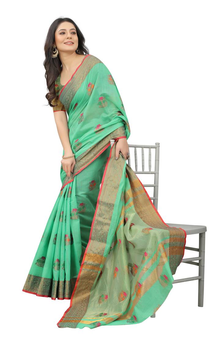 Women'S Chanderi Cotton Silk Saree With Unstitched Boluse Piece