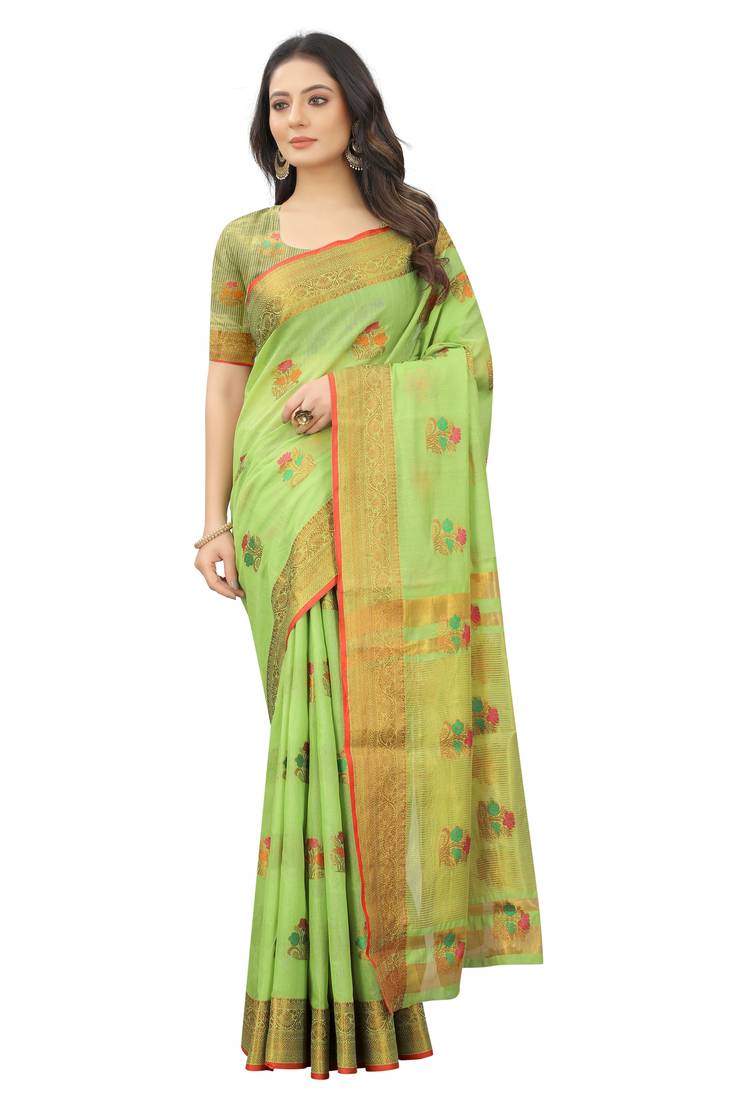 Women's Chanderi Cotton Silk Saree With Unstitched Boluse Piece