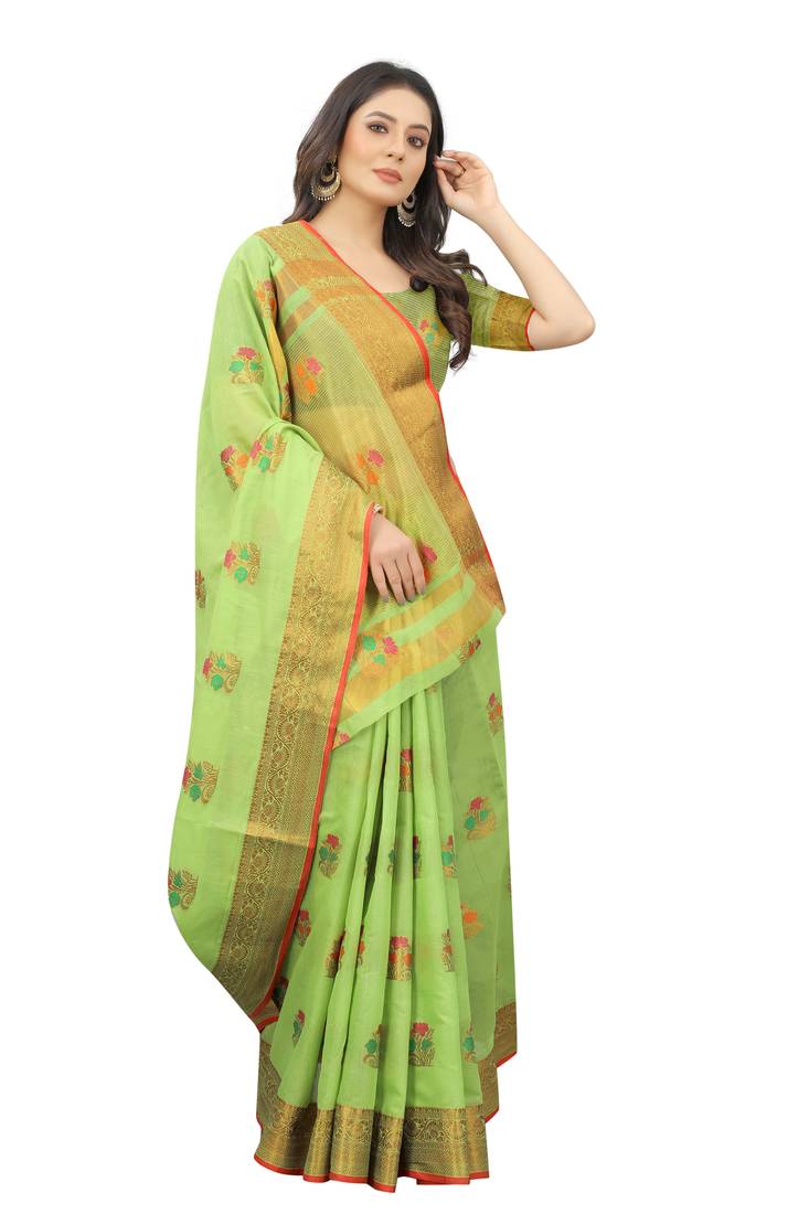 Women's Chanderi Cotton Silk Saree With Unstitched Boluse Piece