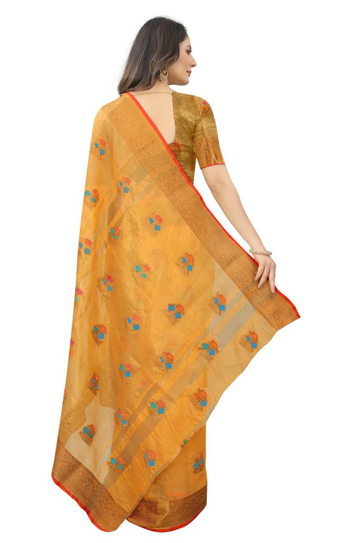 Yellow Chanderi cotton blend thread work designer saree wirt Blouse