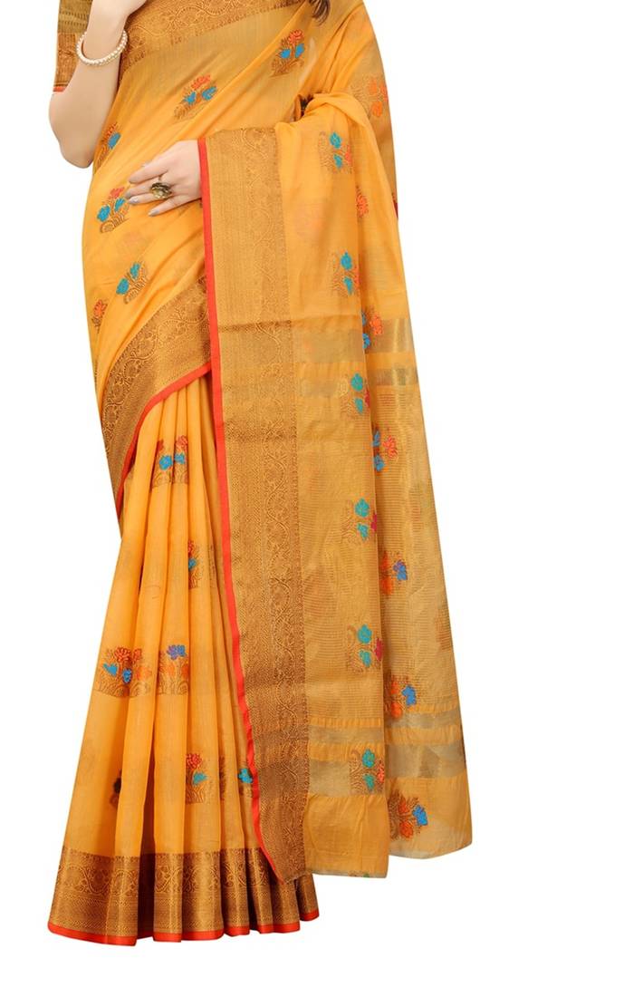 Yellow Chanderi cotton blend thread work designer saree wirt Blouse