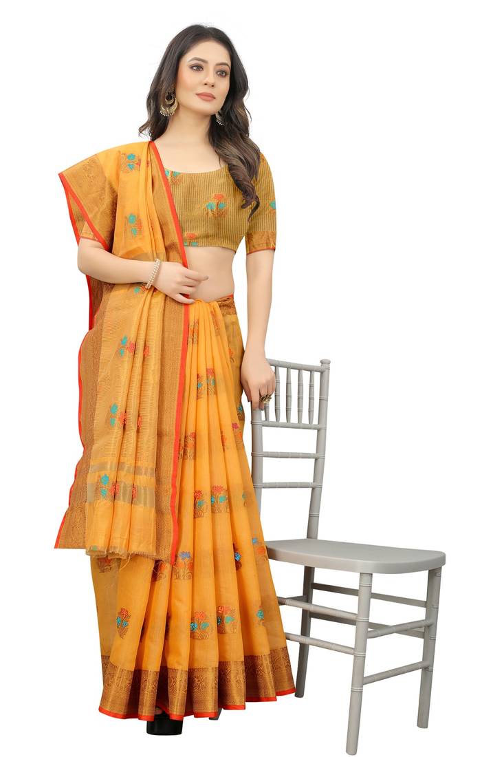 Yellow Chanderi cotton blend thread work designer saree wirt Blouse