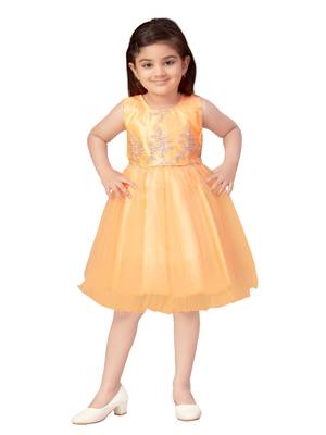 Orange embroidered net kids-frocks 1