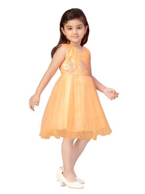 Orange embroidered net kids-frocks 2