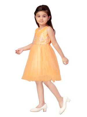 Orange embroidered net kids-frocks 3