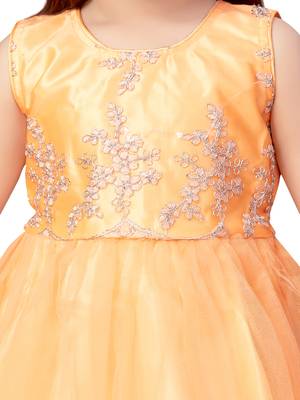 Orange embroidered net kids-frocks 5