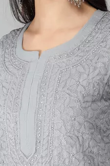 Grey embroidered georgette chikankari-kurtis