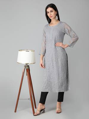 Grey embroidered georgette chikankari-kurtis 4