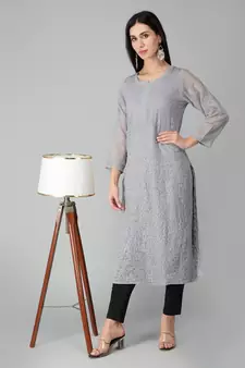 Grey embroidered georgette chikankari-kurtis