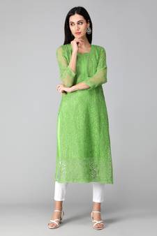 Green embroidered georgette chikankari-kurtis