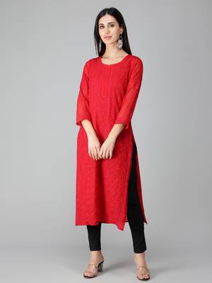 Red embroidered georgette chikankari-kurtis 1