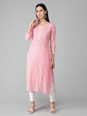 Peach embroidered georgette chikankari-kurtis 1
