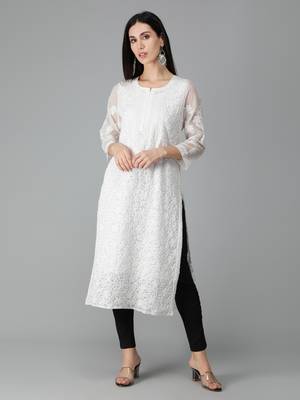 White embroidered georgette chikankari-kurtis 1