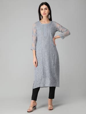 Grey embroidered georgette chikankari-kurtis 1