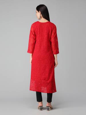 Red embroidered georgette chikankari-kurtis 2