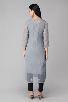 Grey embroidered georgette chikankari-kurtis