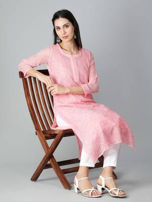 Peach embroidered georgette chikankari-kurtis 4