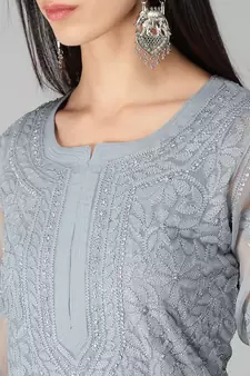 Grey embroidered georgette chikankari-kurtis