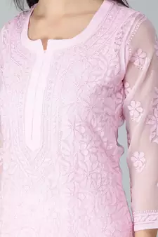 Pink embroidered georgette chikankari-kurtis