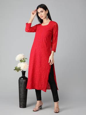 Red embroidered georgette chikankari-kurtis 4