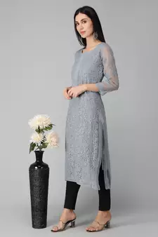 Grey embroidered georgette chikankari-kurtis