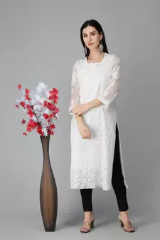 White embroidered georgette chikankari-kurtis