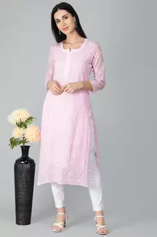 Pink embroidered georgette chikankari-kurtis