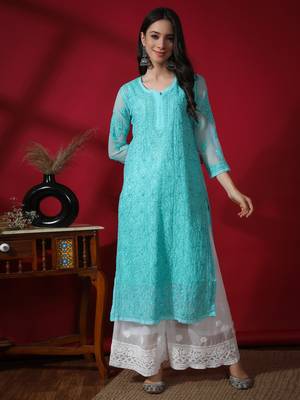 Green embroidered georgette chikankari-kurtis 1