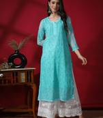 Green embroidered georgette chikankari-kurtis