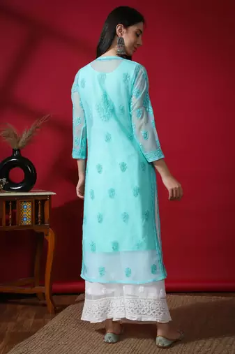 Green embroidered georgette chikankari-kurtis