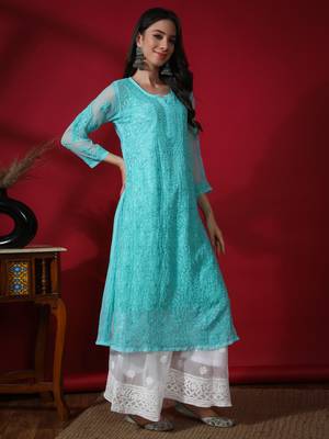 Green embroidered georgette chikankari-kurtis 3