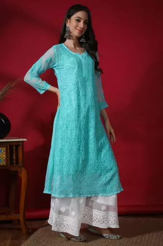 Green embroidered georgette chikankari-kurtis