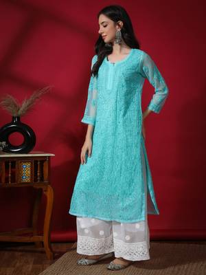 Green embroidered georgette chikankari-kurtis 4