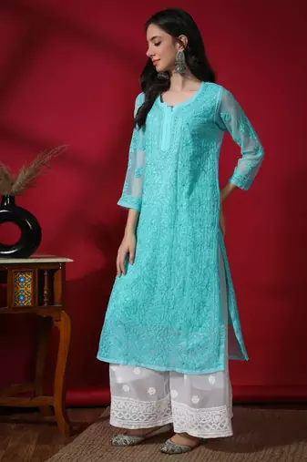 Green embroidered georgette chikankari-kurtis