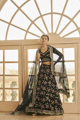 Black embroidered art silk semi stitched lehenga 2